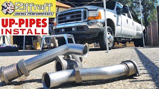 2001 F350 73  RiffRaff UpPipes Install  Stock up pipes leaking and falling apart JUNK SP [upl. by Euqirne90]