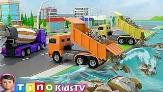 Hammer Drill Excavator amp Construction Trucks for Kids  Breakwater Construction [upl. by Derf]